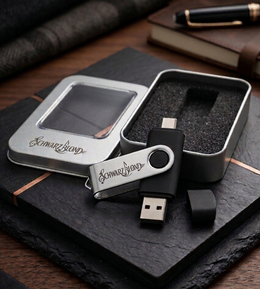 Schwarzblond USB Stick mit USB A und USB C mit eingraviertem Logo